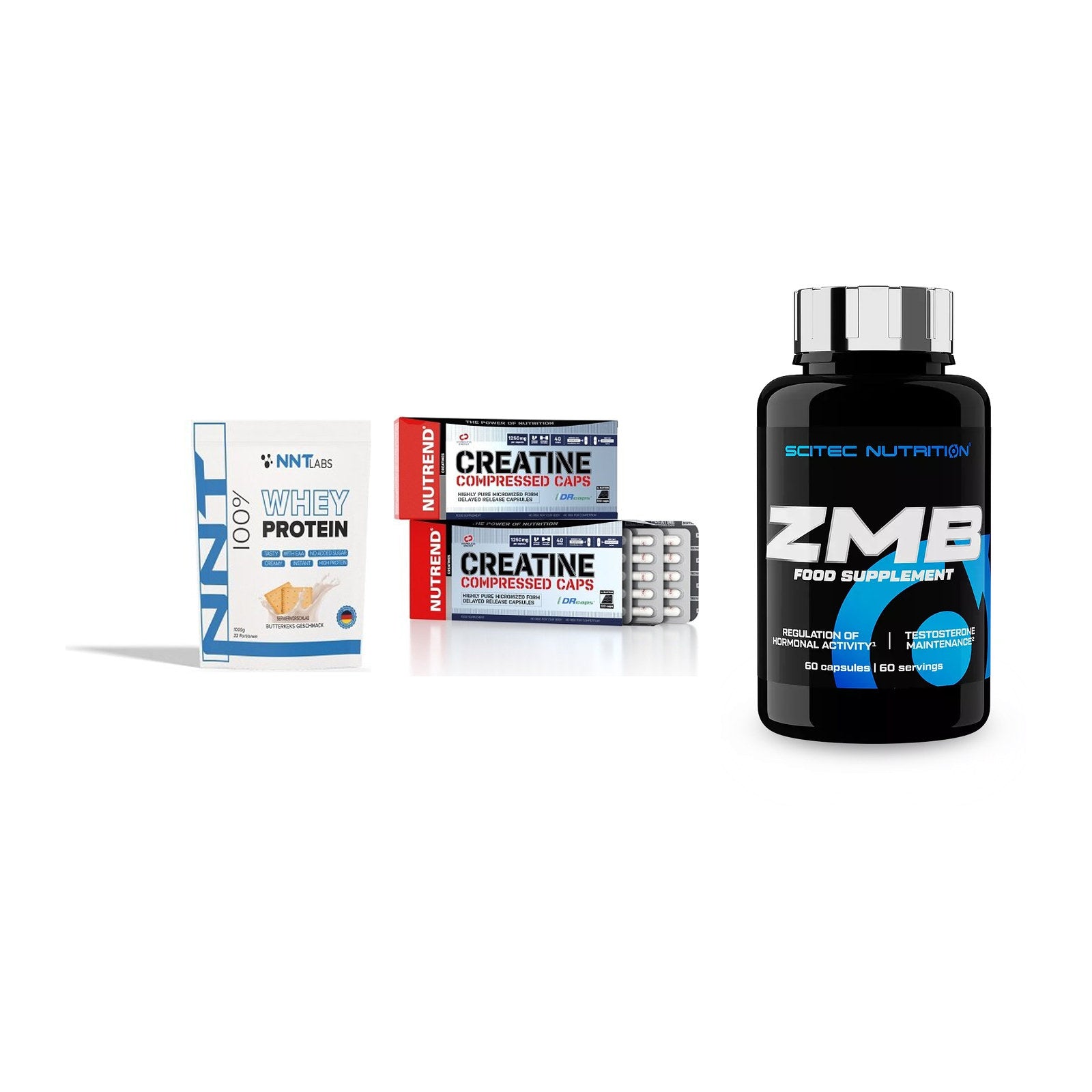 Einsteiger-Set: NNT Whey + Nutrend Creatine + Scitec ZMB – alle enthaltenen Artikel