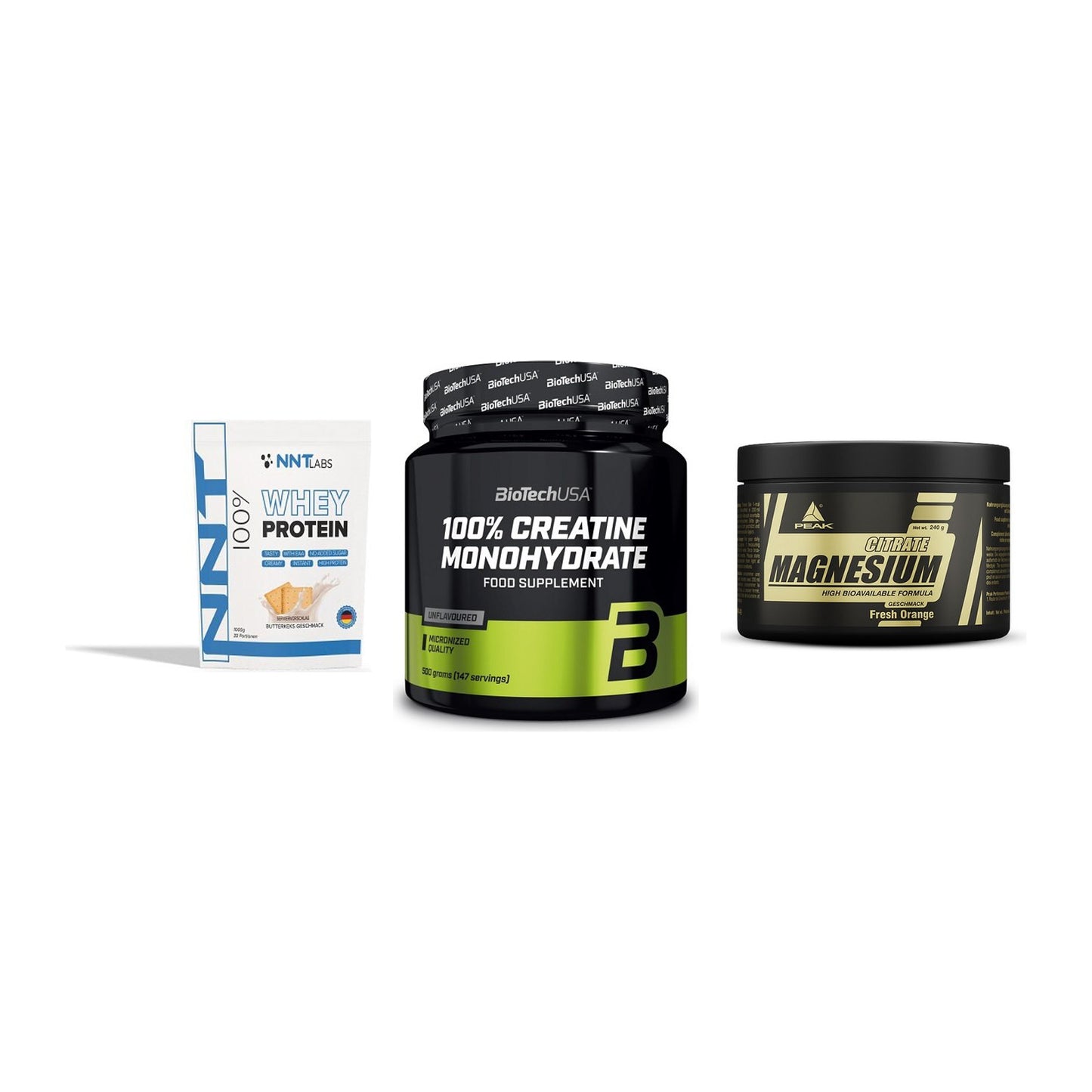 Einsteiger-Set: NNT Whey + BioTech Creatine + Peak Magnesium – alle enthaltenen Artikel