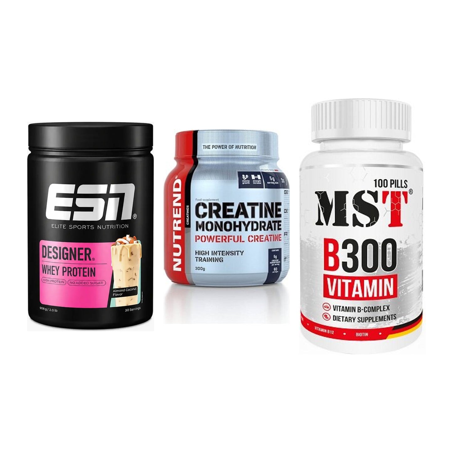 Einsteiger-Set: ESN Designer + Nutrend Creatine + MST B300 B-Compl – alle enthaltenen Artikel