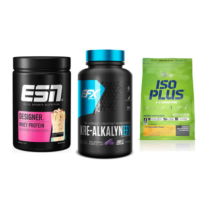 Einsteiger-Set: ESN Designer Whey + EFX Kre-Alkalyn + Olimp Iso Plus – alle enthaltenen Artikel