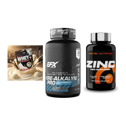 Einsteiger-Set: Sinob Honest Whey+ + EFX Kre-Alkalyn PRO + Scitec Zinc – alle enthaltenen Artikel