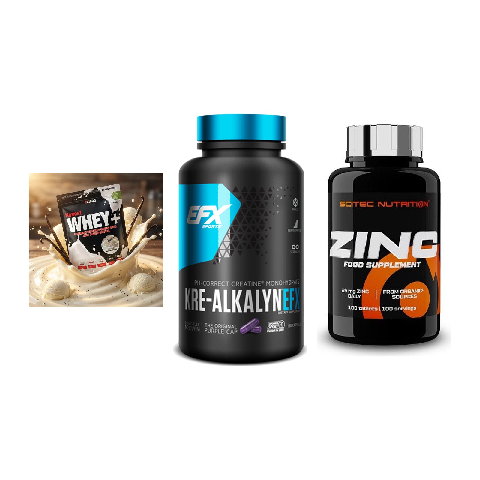 Einsteiger-Set: Sinob Honest Whey+ + EFX Kre-Alkalyn + Scitec Zinc – alle enthaltenen Artikel