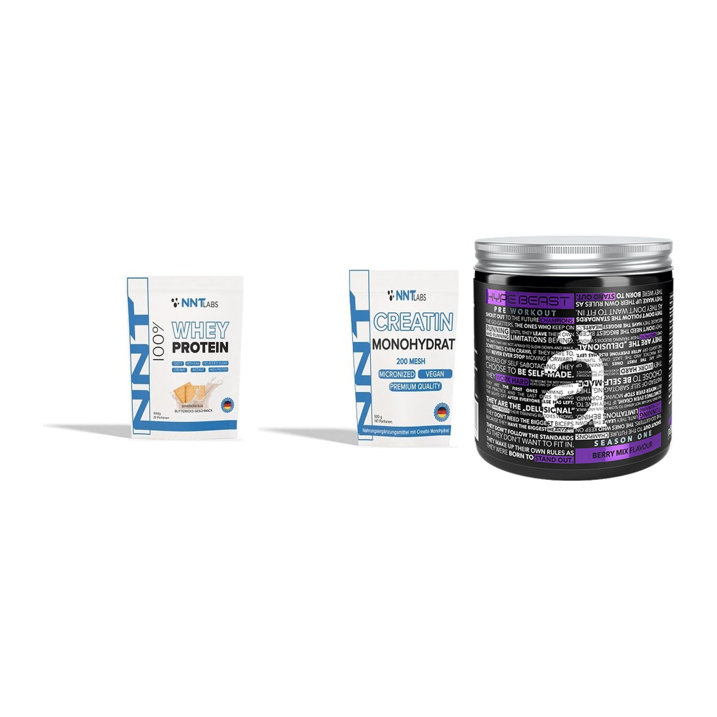 Einsteiger-Set: NNT Whey + NNT Creatin + Nanosupps Hype – alle enthaltenen Artikel