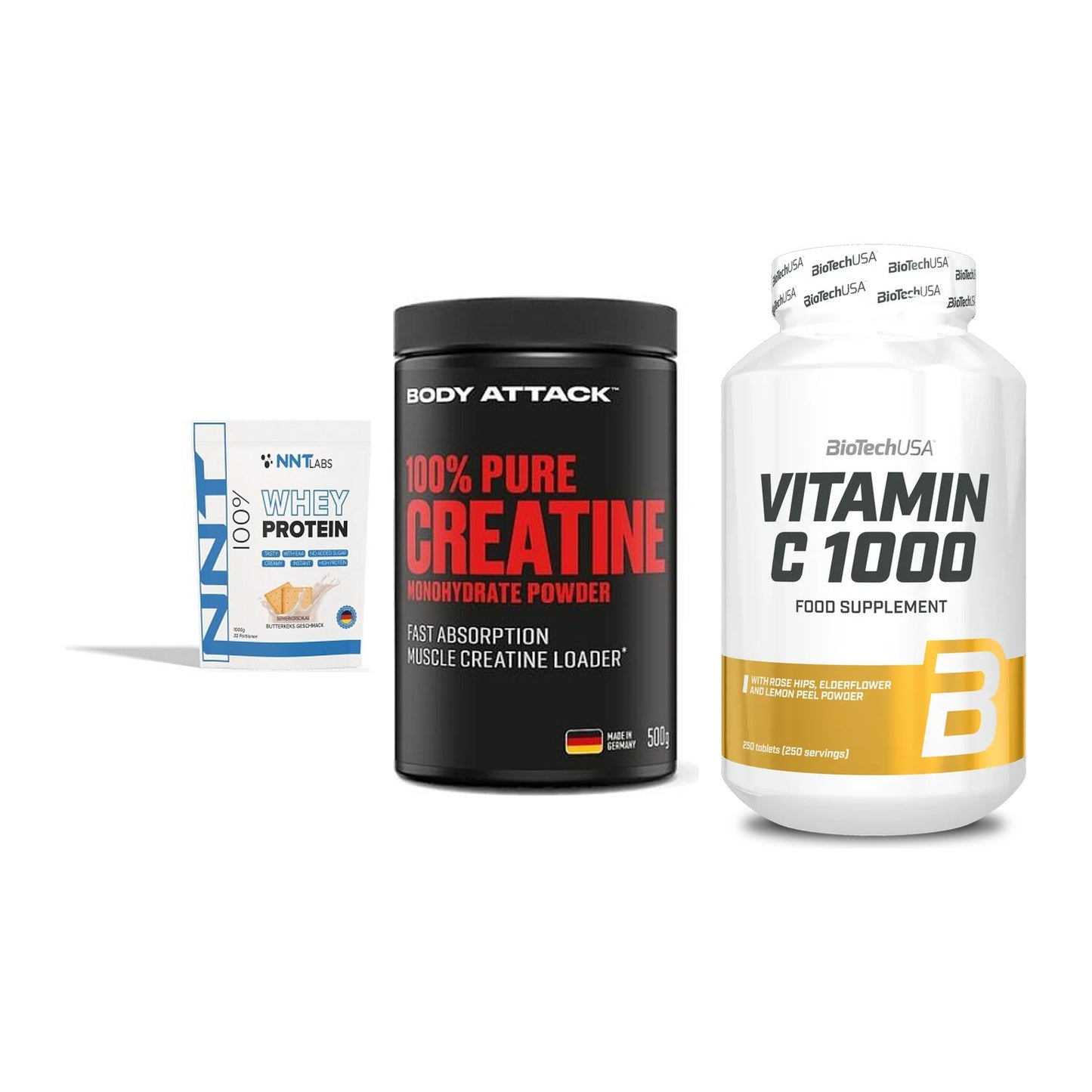 Einsteiger-Set: NNT Whey + Body Attack 100% + BioTech Vitamin – alle enthaltenen Artikel