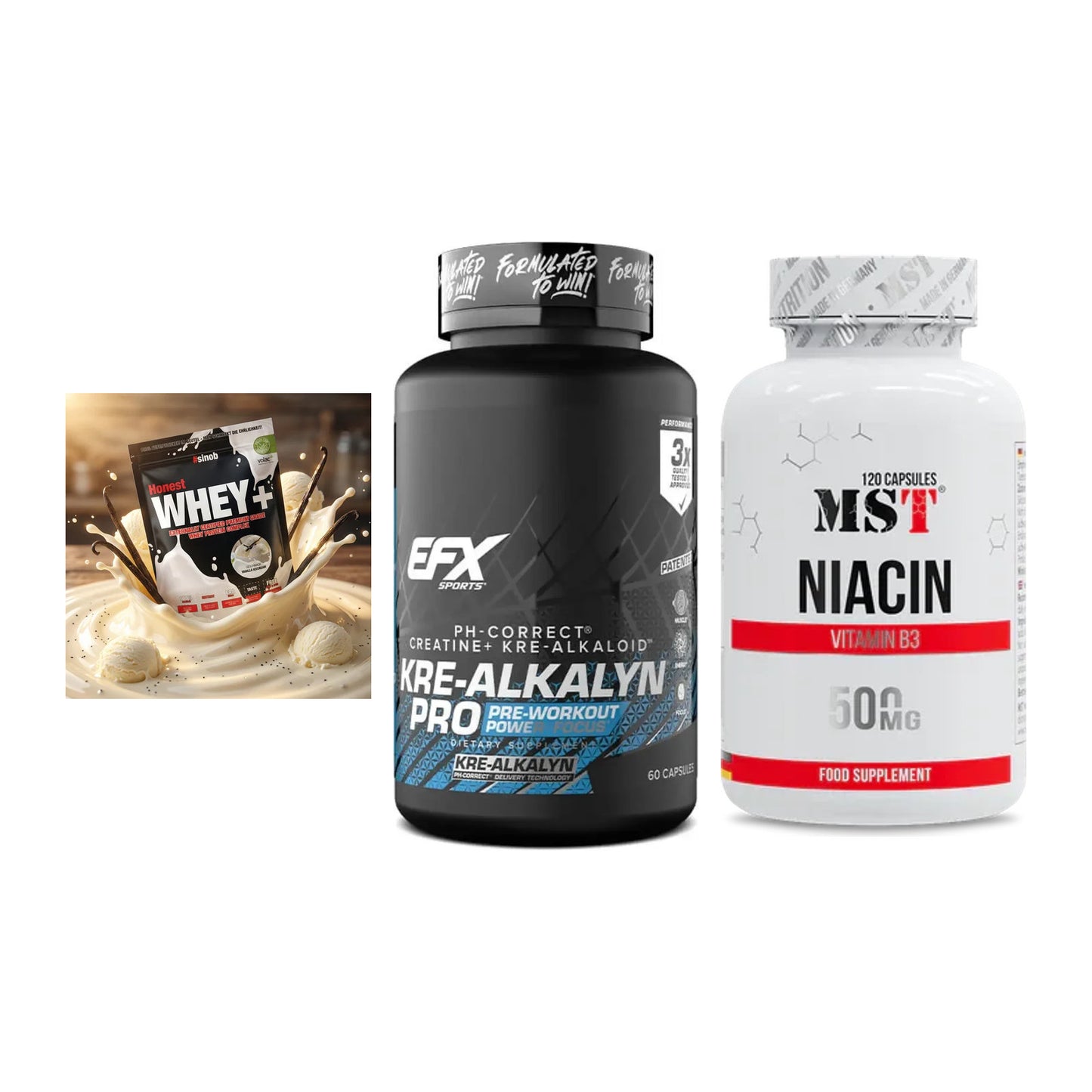 Einsteiger-Set: Sinob Honest Whey+ + EFX Kre-Alkalyn PRO + MST Niacin – alle enthaltenen Artikel