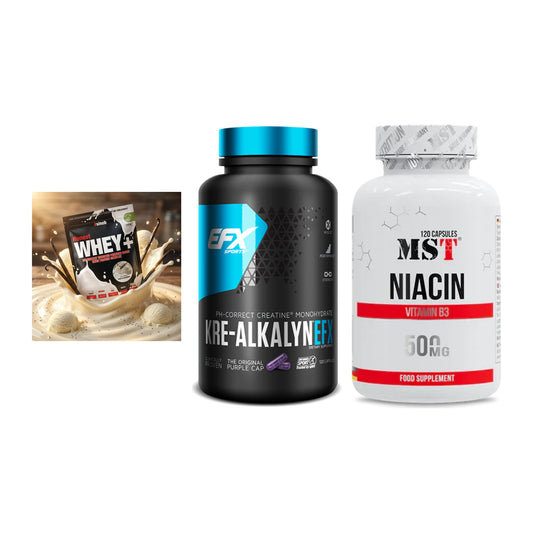 Einsteiger-Set: Sinob Honest Whey+ + EFX Kre-Alkalyn + MST Niacin – alle enthaltenen Artikel