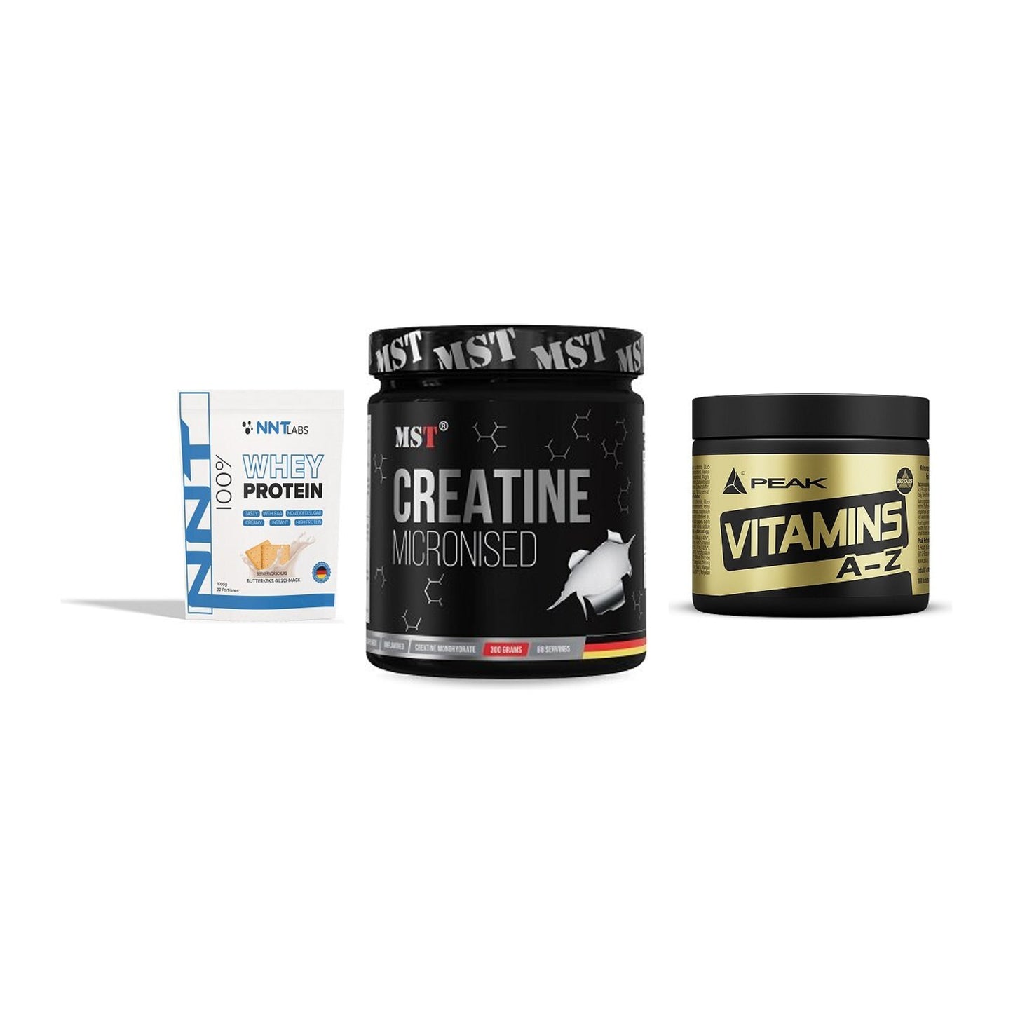 Einsteiger-Set: NNT Whey + MST Creatin + Peak Vitamin A-Z – alle enthaltenen Artikel