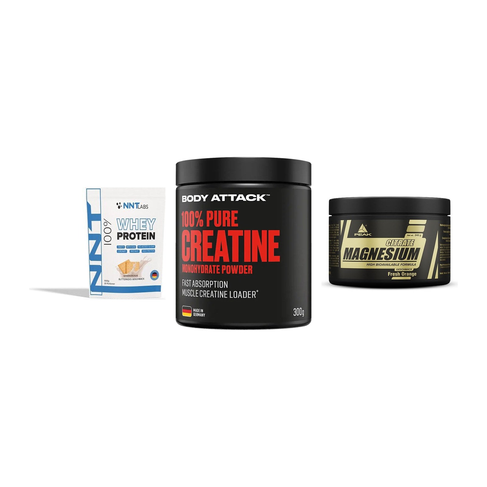 Einsteiger-Set: NNT Whey + Body Attack 100% + Peak Magnesium – alle enthaltenen Artikel