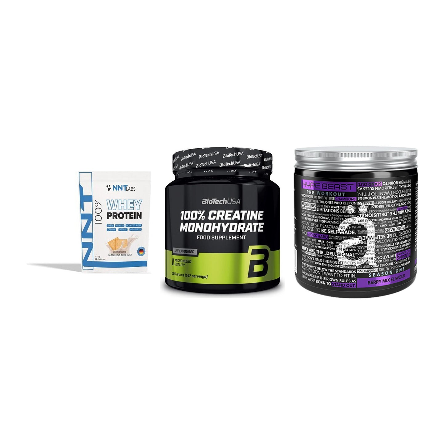 Einsteiger-Set: NNT Whey + BioTech Creatine + Nanosupps Hype – alle enthaltenen Artikel