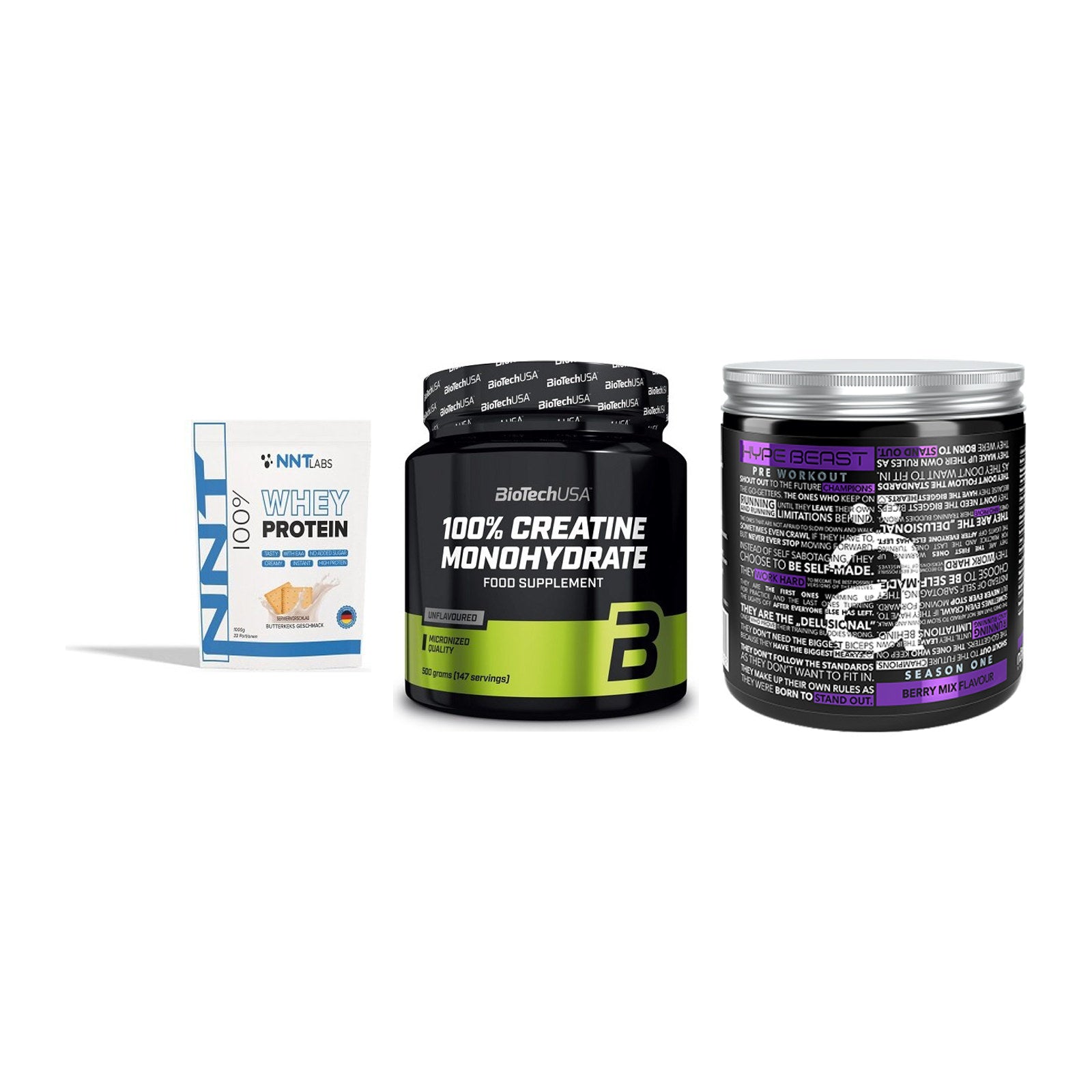 Einsteiger-Set: NNT Whey + BioTech Creatine + Nanosupps Hype – alle enthaltenen Artikel