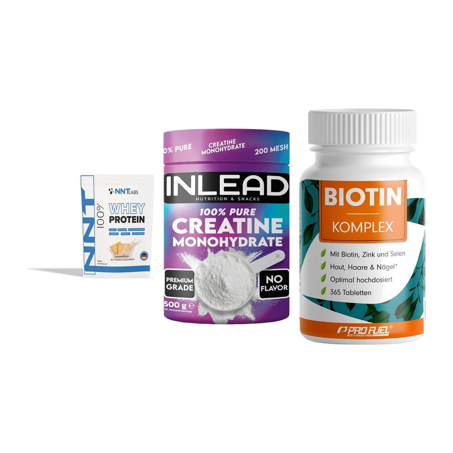 Einsteiger-Set: NNT Whey + INLEAD Creatine + ProFuel BIOTIN – alle enthaltenen Artikel