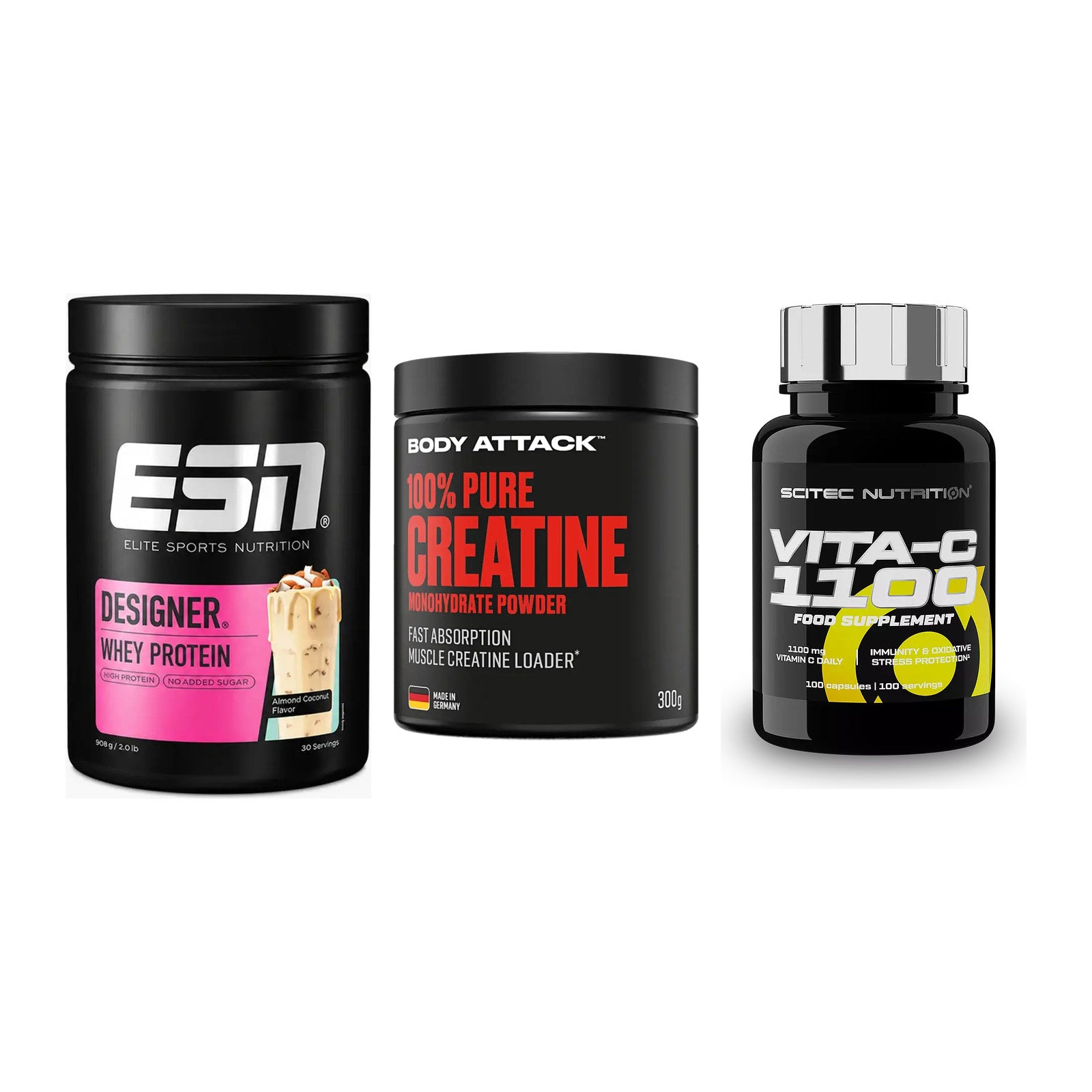 Einsteiger-Set: ESN Designer + Body Attack 100% + Scitec Vitamin C – alle enthaltenen Artikel