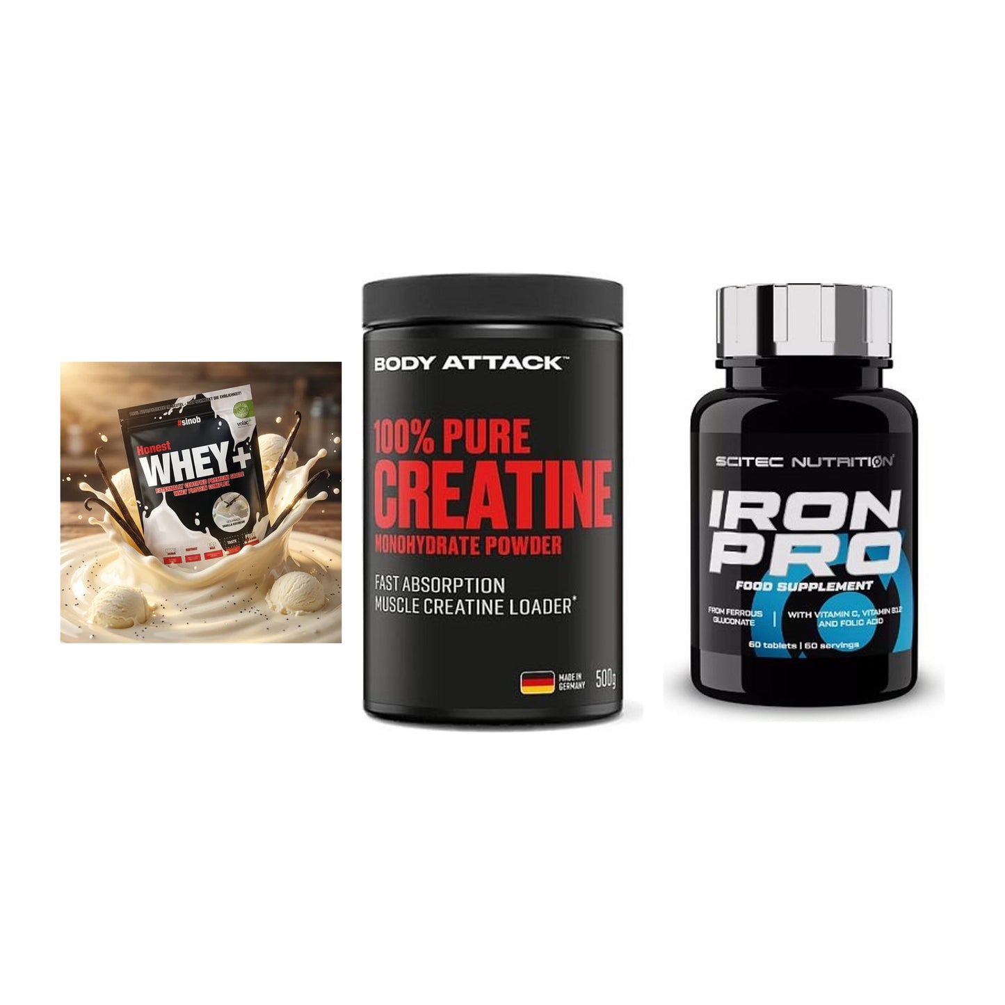 Einsteiger-Set: Sinob Honest + Body Attack 100% + Scitec Iron Pro – alle enthaltenen Artikel