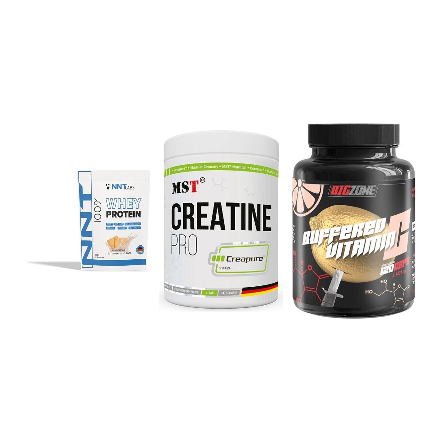 Einsteiger-Set: NNT Whey + MST Creatin Pro + Big Zone Buffere – alle enthaltenen Artikel