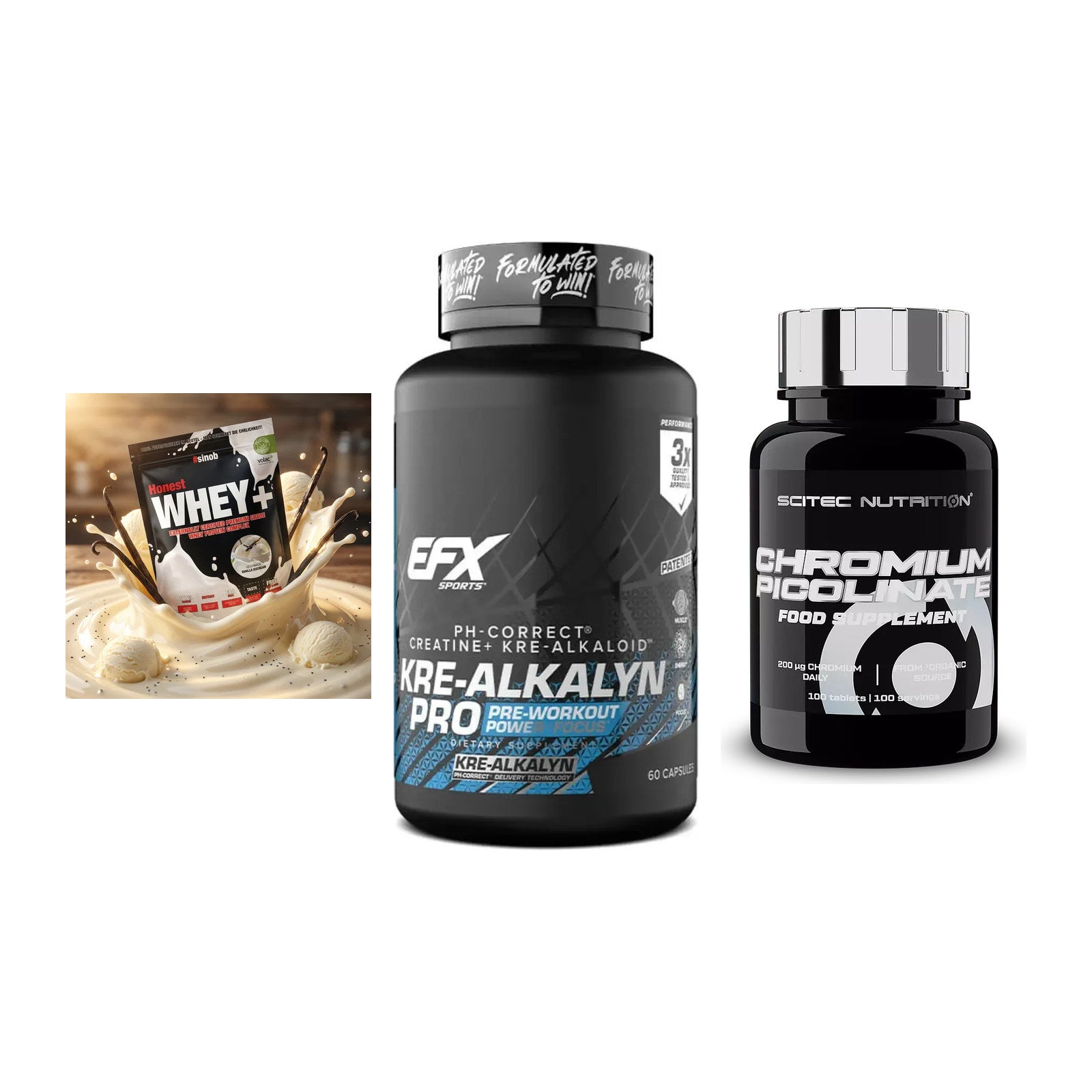 Einsteiger-Set: Sinob Honest + EFX Kre-Alkalyn + Scitec Chromium – alle enthaltenen Artikel