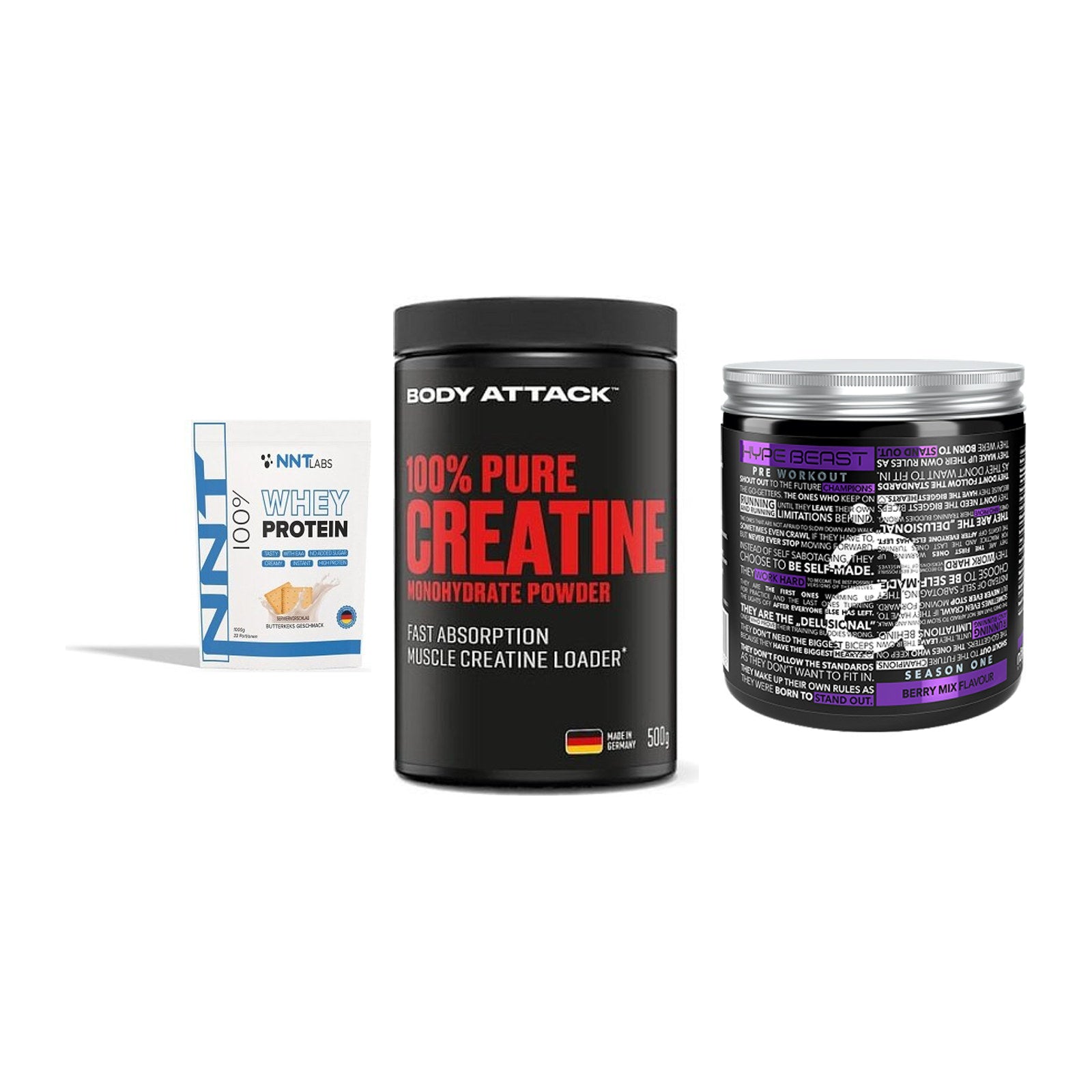 Einsteiger-Set: NNT Whey + Body Attack 100% + Nanosupps Hype – alle enthaltenen Artikel