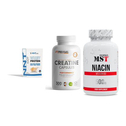 Einsteiger-Set: NNT Whey + ProFuel Creatine Monohydrate + MST Niacin – alle enthaltenen Artikel
