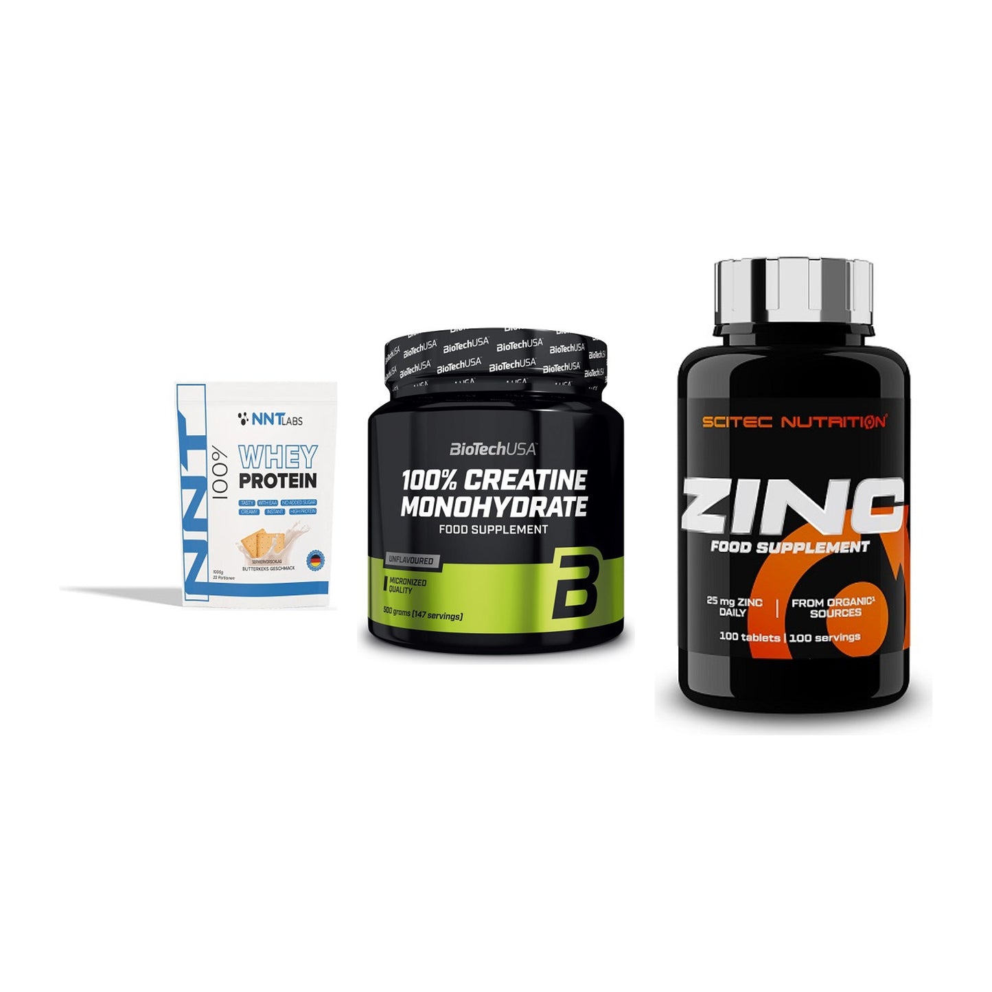 Einsteiger-Set: NNT Whey + BioTech Creatine Monohydrate + Scitec Zinc – alle enthaltenen Artikel