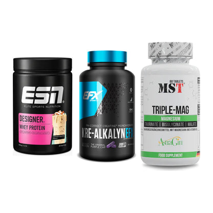 Einsteiger-Set: ESN Designer Whey + EFX Kre-Alkalyn + MST Tripple Mag – alle enthaltenen Artikel