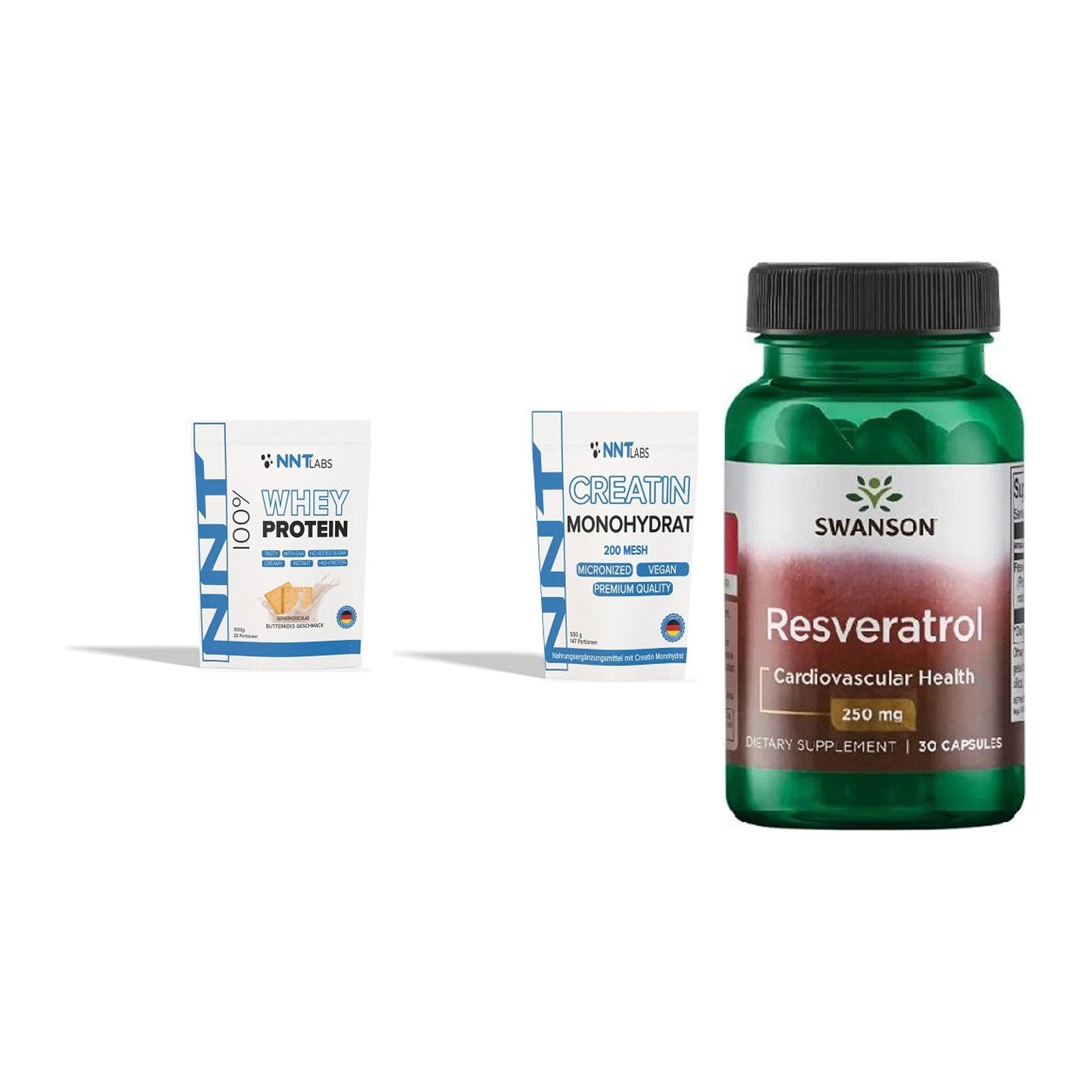 Einsteiger-Set: NNT Whey + NNT Creatin + Swanson Resverat – alle enthaltenen Artikel