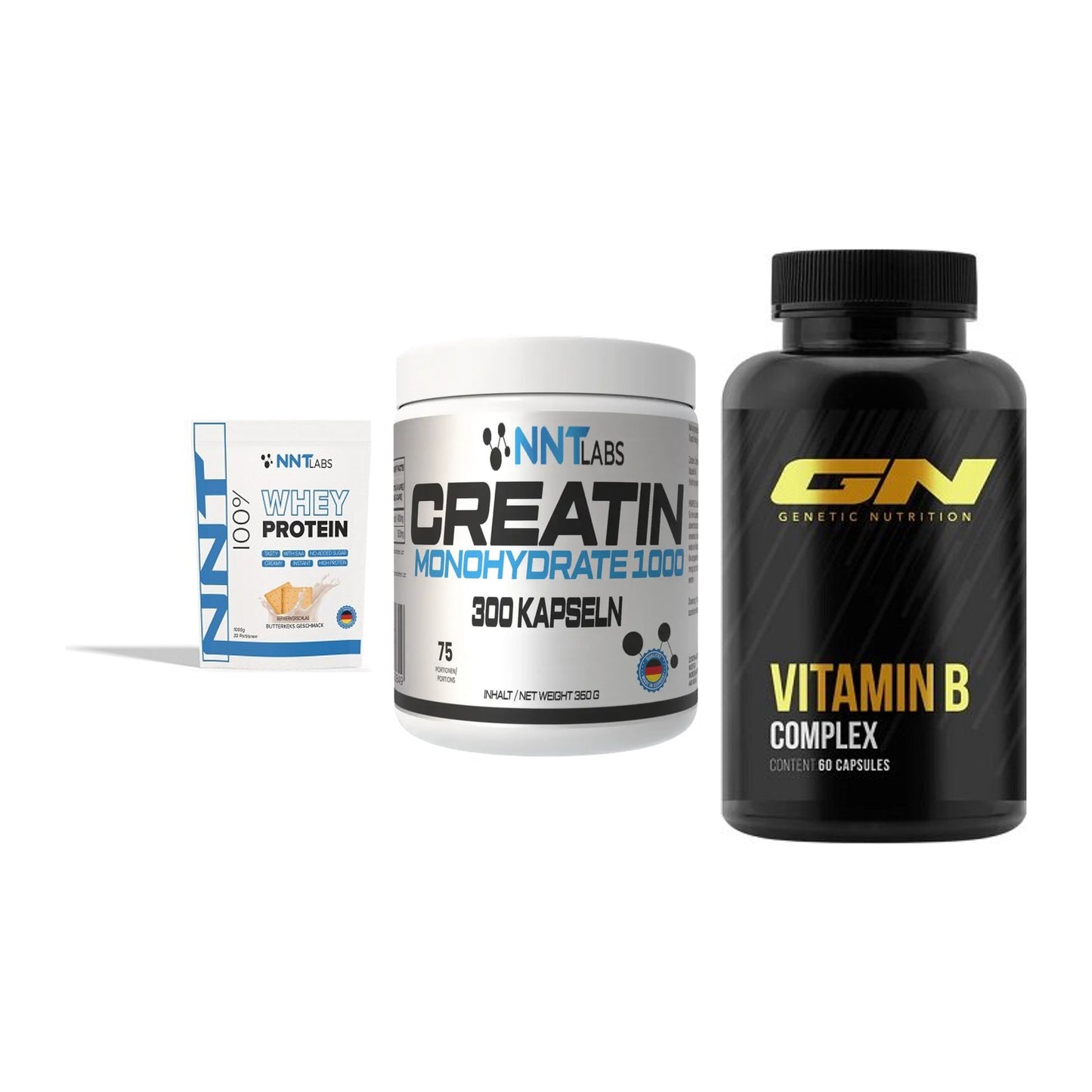 Einsteiger-Set: NNT Whey + NNT Creatin 1000 mg + GN Vitamin B-Complex – alle enthaltenen Artikel