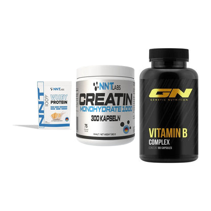 Einsteiger-Set: NNT Whey + NNT Creatin 1000 mg + GN Vitamin B-Complex – alle enthaltenen Artikel