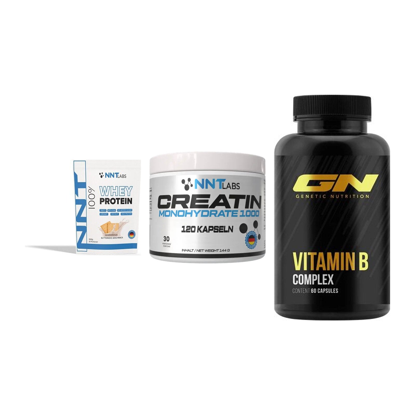 Einsteiger-Set: NNT Whey + NNT Creatin 1000 mg + GN Vitamin B-Complex – alle enthaltenen Artikel