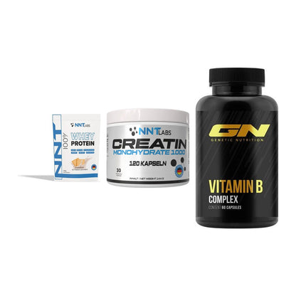 Einsteiger-Set: NNT Whey + NNT Creatin 1000 mg + GN Vitamin B-Complex – alle enthaltenen Artikel