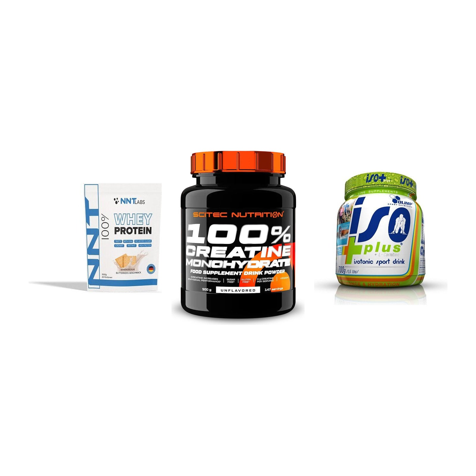 Einsteiger-Set: NNT Whey + Scitec Creatine + Olimp Iso Plus – alle enthaltenen Artikel