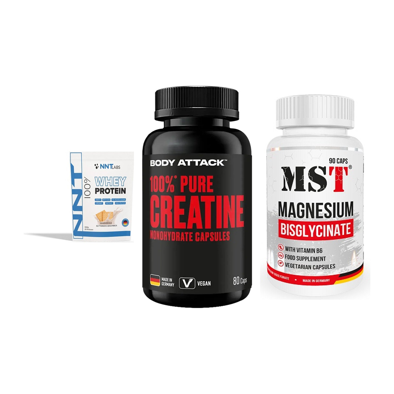 Einsteiger-Set: NNT Whey + Body Attack 100% + MST Magnesium – alle enthaltenen Artikel