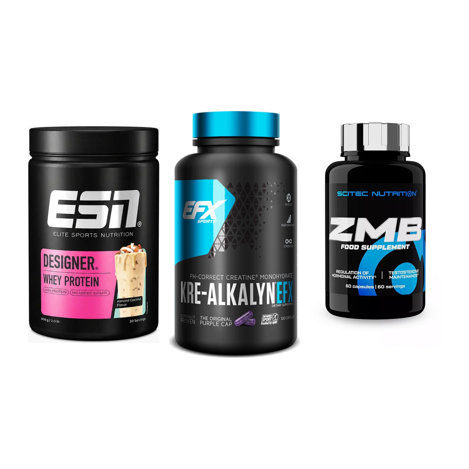 Einsteiger-Set: ESN Designer Whey + EFX Kre-Alkalyn + Scitec ZMB – alle enthaltenen Artikel