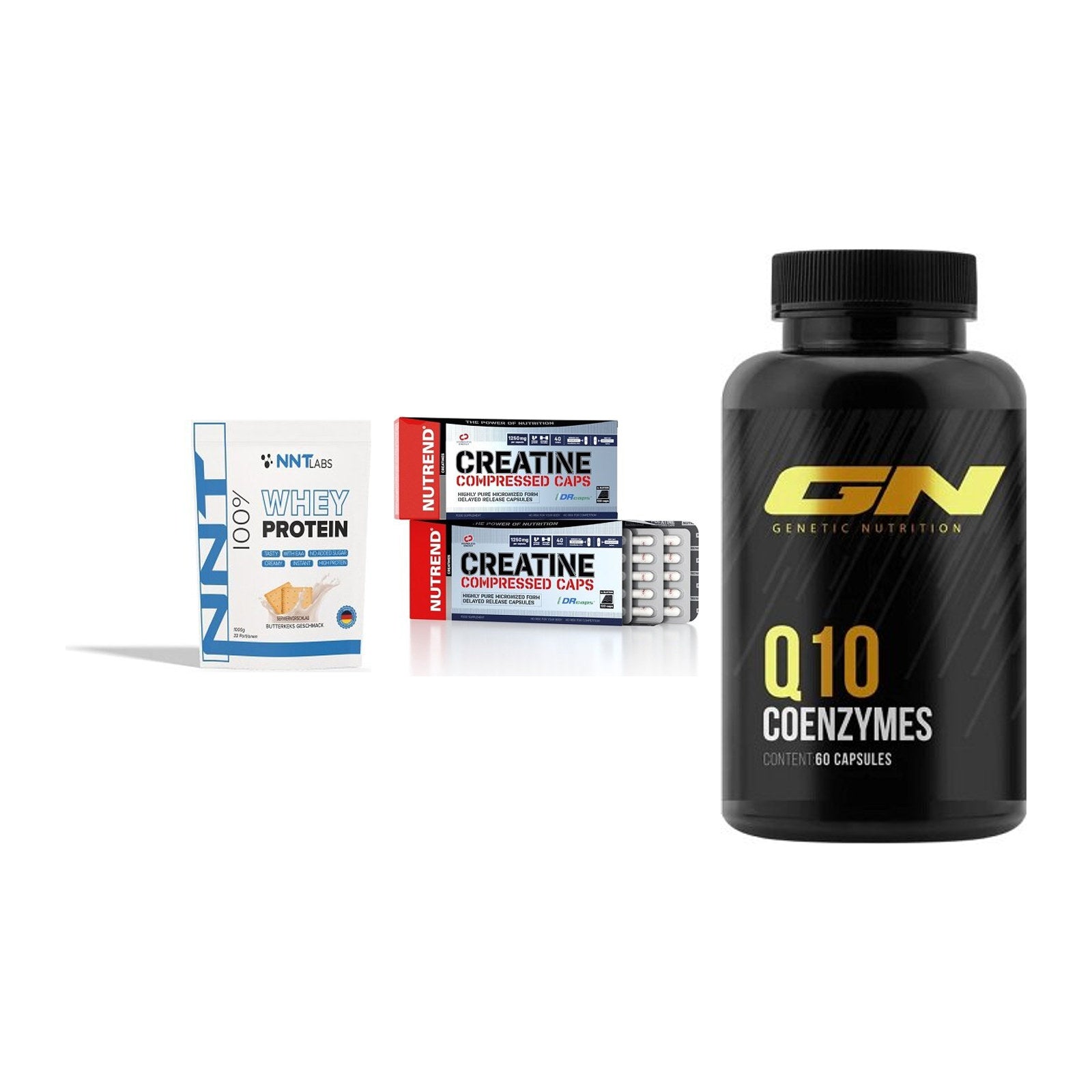 Einsteiger-Set: NNT Whey + Nutrend Creatine + GN Q10 Health – alle enthaltenen Artikel