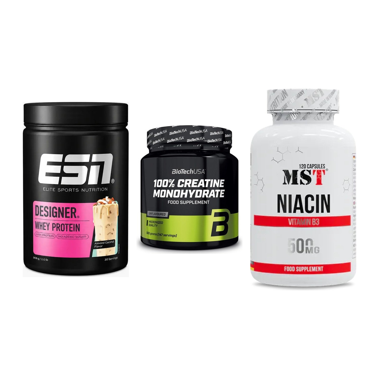 Einsteiger-Set: ESN Designer + BioTech Creatine + MST Niacin – alle enthaltenen Artikel