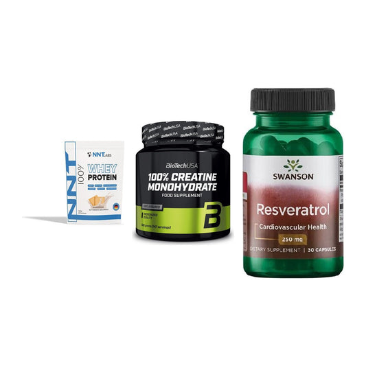 Einsteiger-Set: NNT Whey + BioTech Creatine + Swanson Resverat – alle enthaltenen Artikel