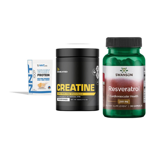 Einsteiger-Set: NNT Whey + Dedicated Creatine + Swanson Resveratrol – alle enthaltenen Artikel