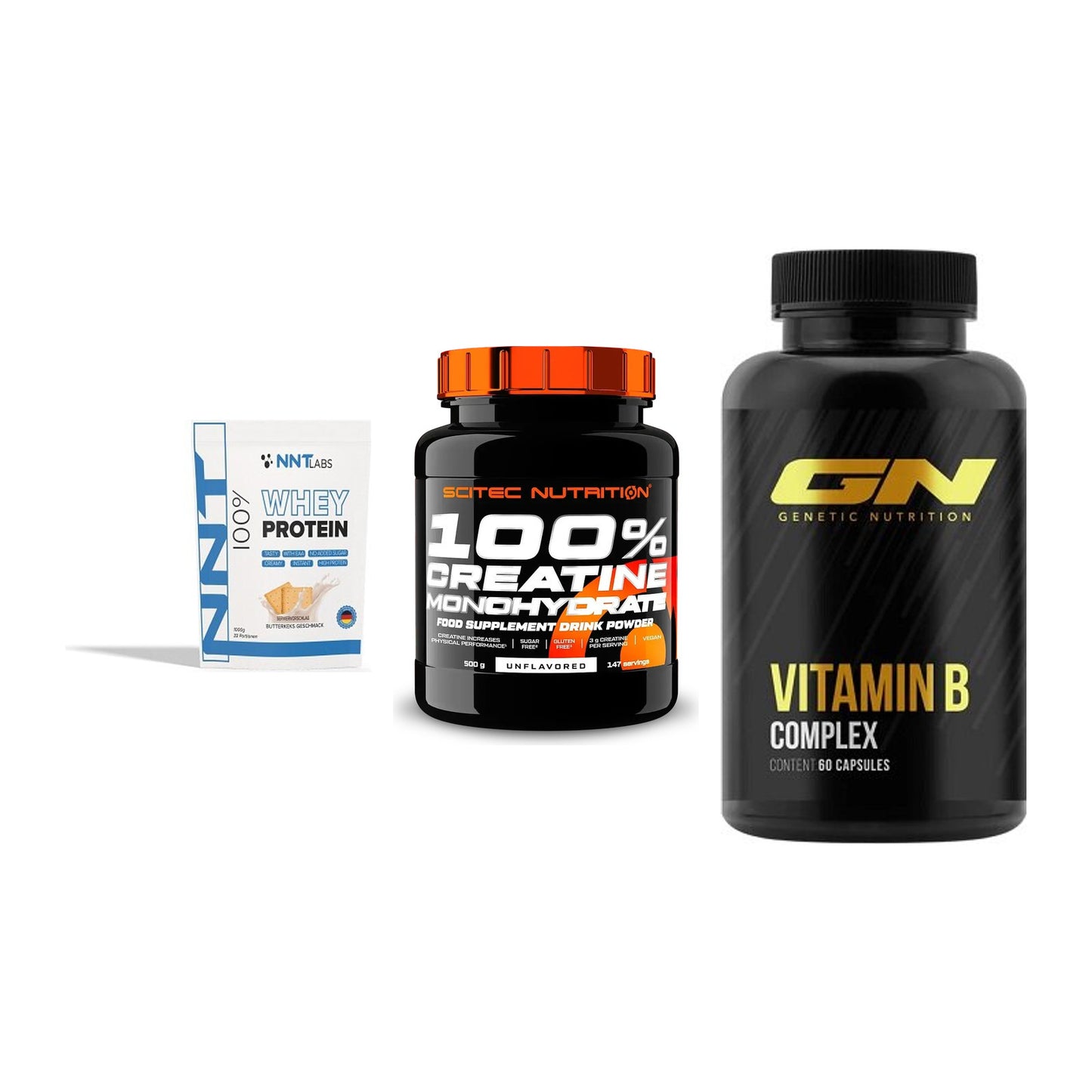 Einsteiger-Set: NNT Whey + Scitec Creatine + GN Vitamin – alle enthaltenen Artikel