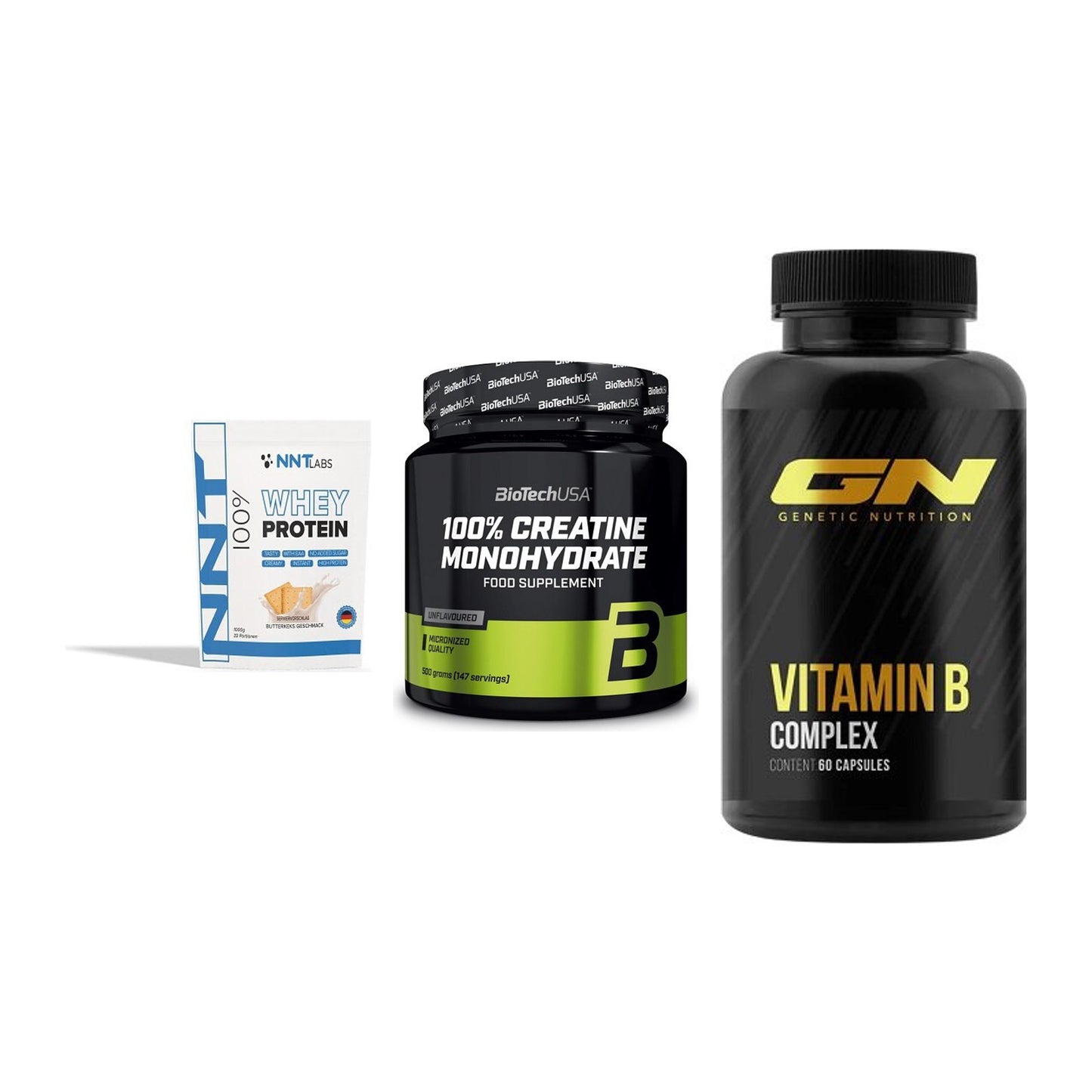 Einsteiger-Set: NNT Whey + BioTech Creatine + GN Vitamin – alle enthaltenen Artikel