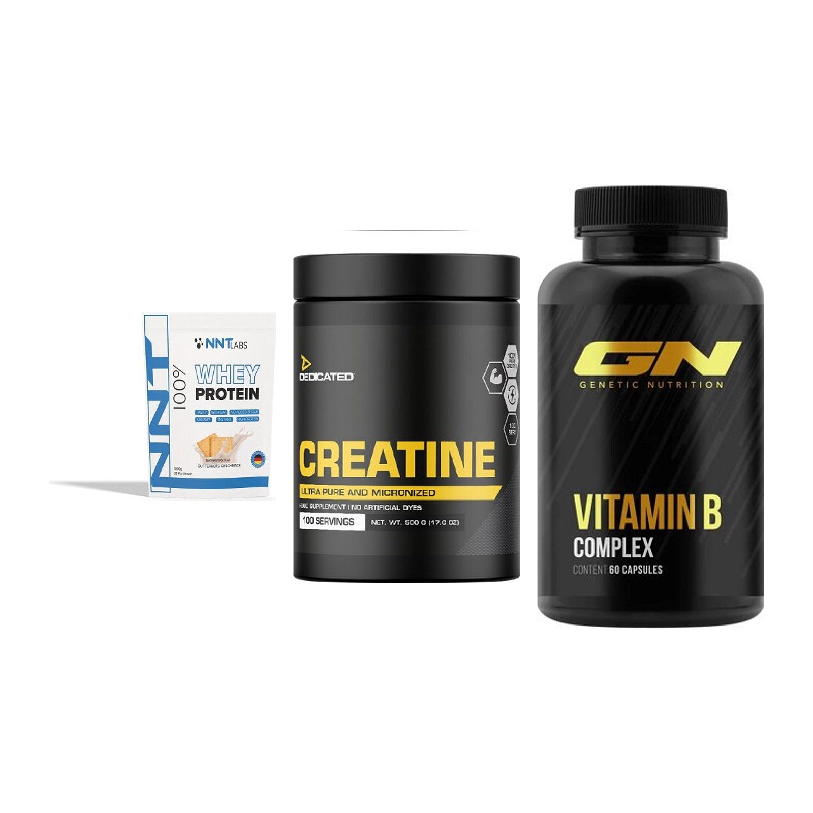 Einsteiger-Set: NNT Whey + Dedicated Creatine + GN Vitamin B-Complex – alle enthaltenen Artikel