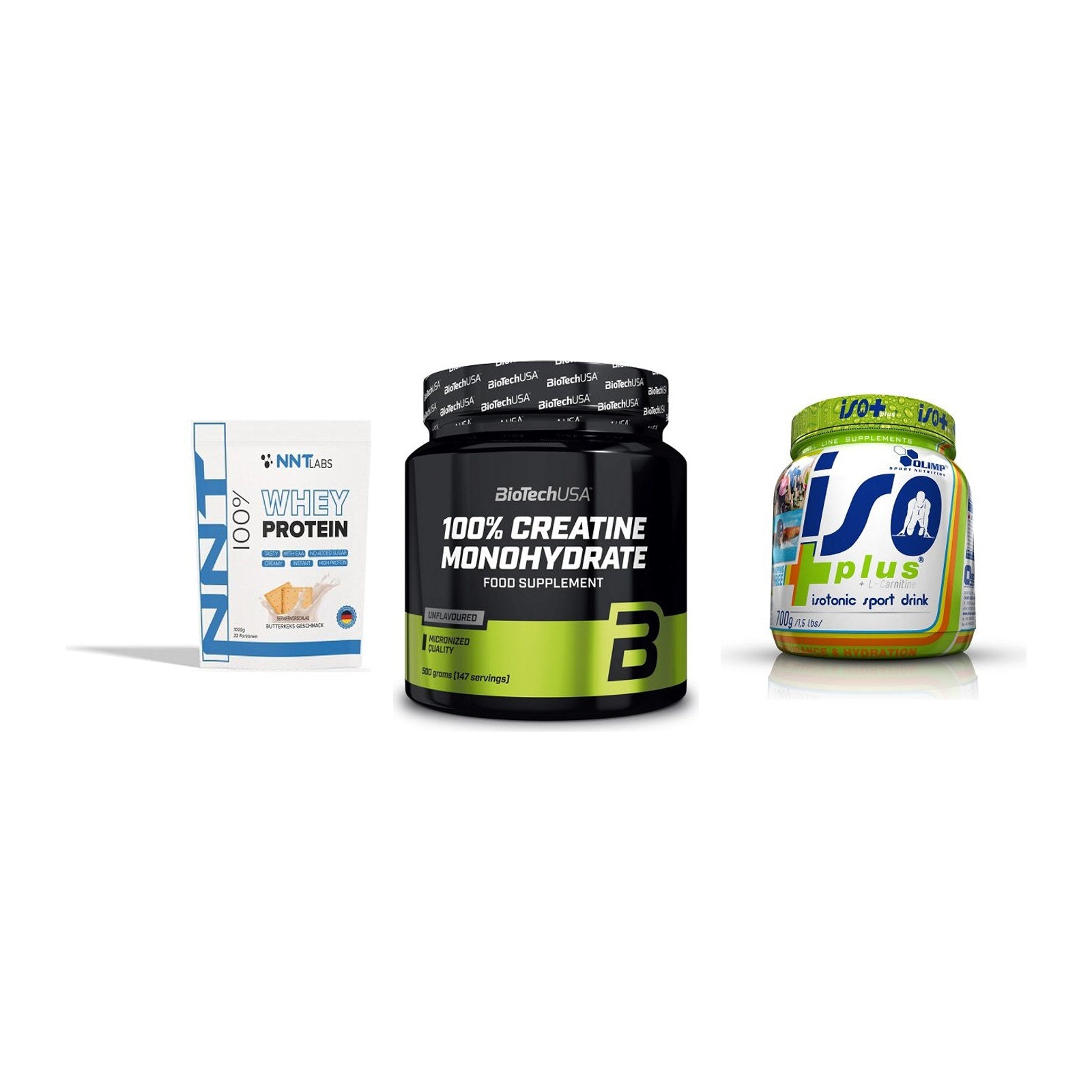 Einsteiger-Set: NNT Whey + BioTech Creatine + Olimp Iso Plus – alle enthaltenen Artikel