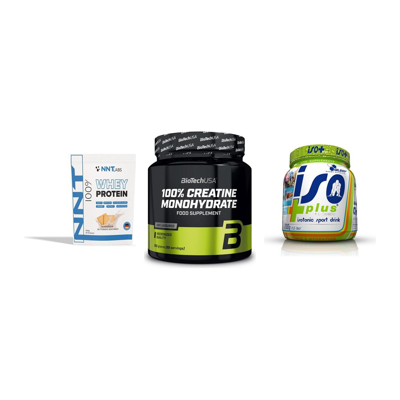 Einsteiger-Set: NNT Whey + BioTech Creatine + Olimp Iso Plus – alle enthaltenen Artikel
