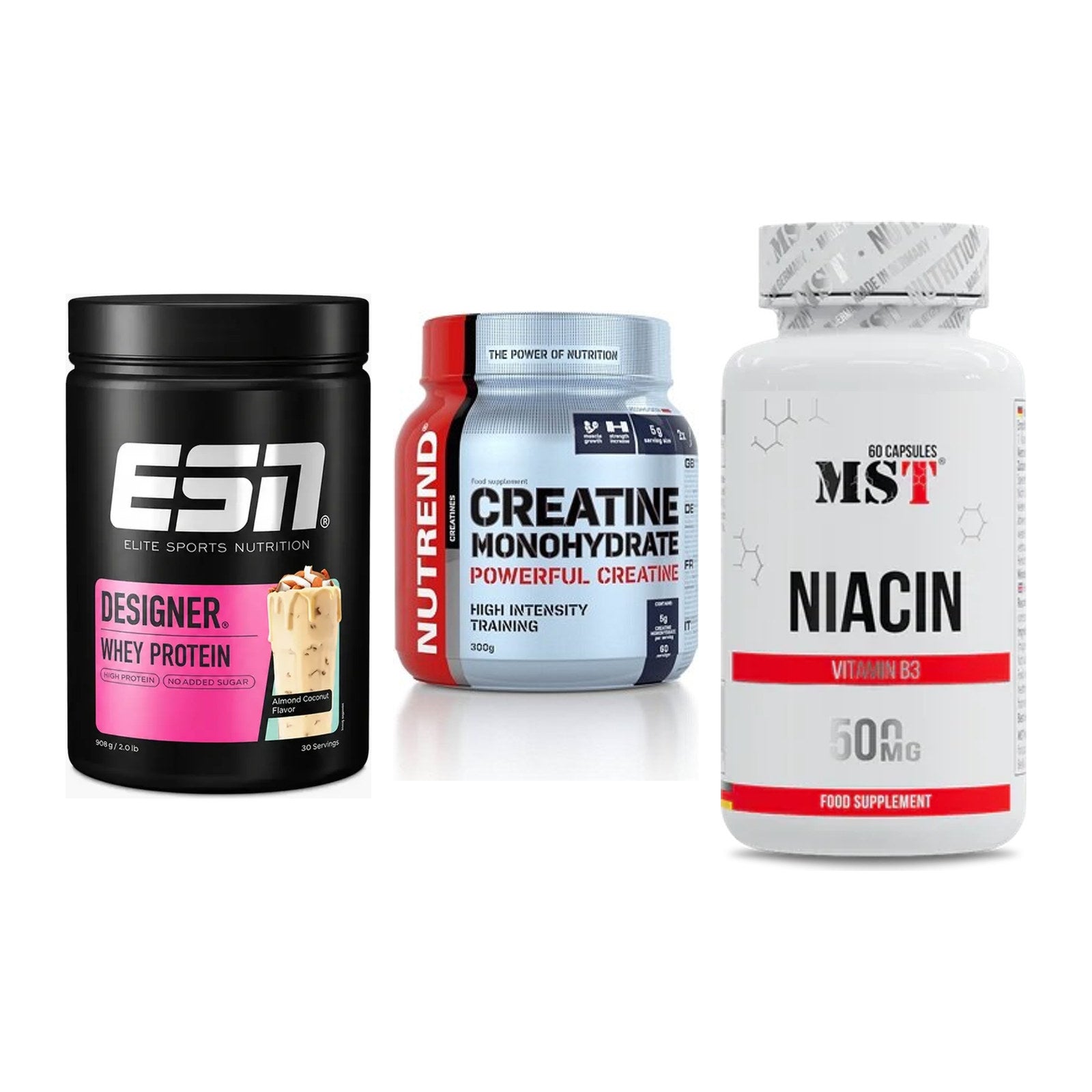 Einsteiger-Set: ESN Designer + Nutrend Creatine + MST Niacin – alle enthaltenen Artikel