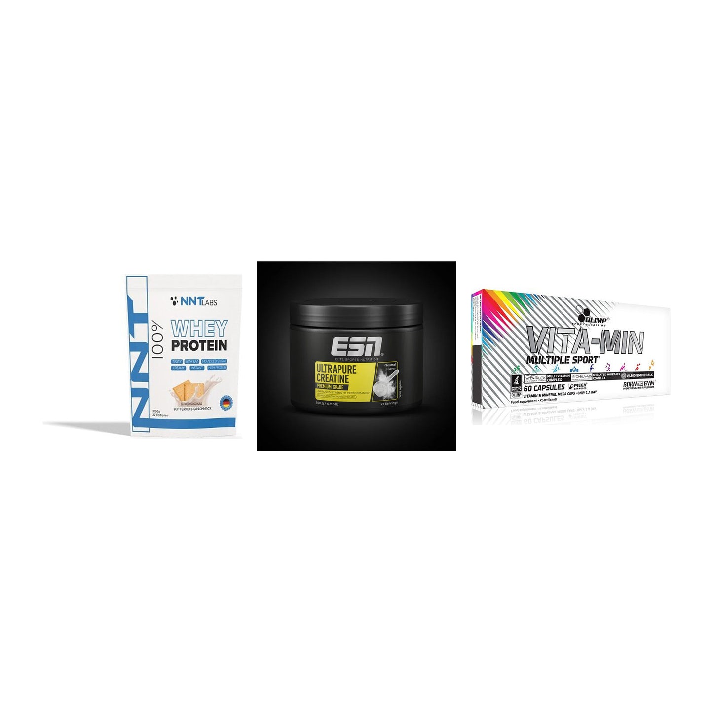 Einsteiger-Set: NNT Whey + ESN Ultrapure + Olimp Vita-Min – alle enthaltenen Artikel