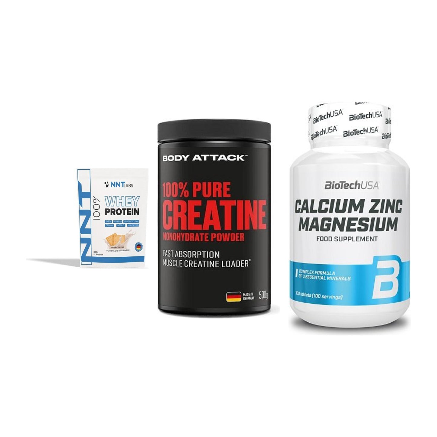 Einsteiger-Set: NNT Whey + Body Attack 100% + BioTech Calcium – alle enthaltenen Artikel