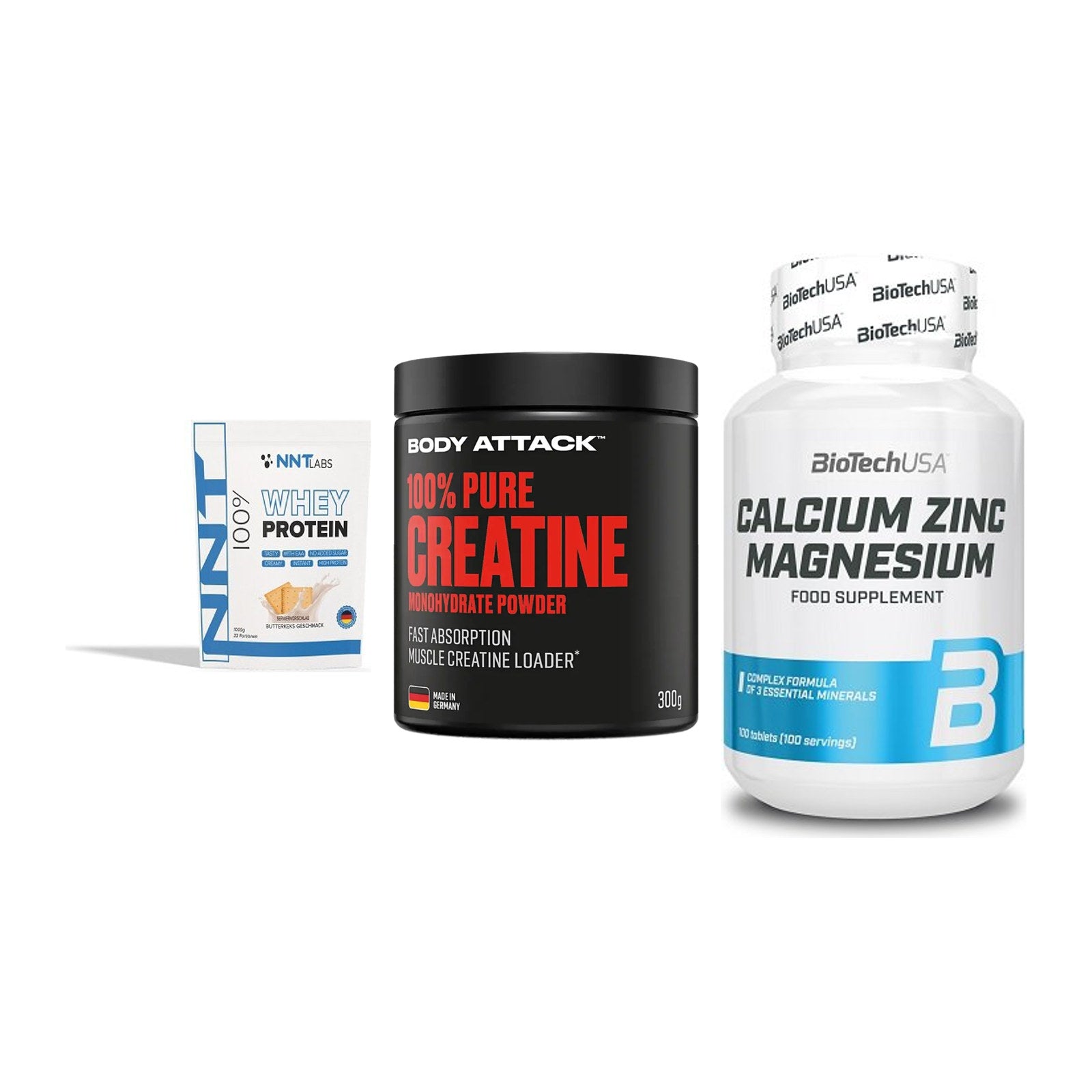 Einsteiger-Set: NNT Whey + Body Attack 100% + BioTech Calcium – alle enthaltenen Artikel