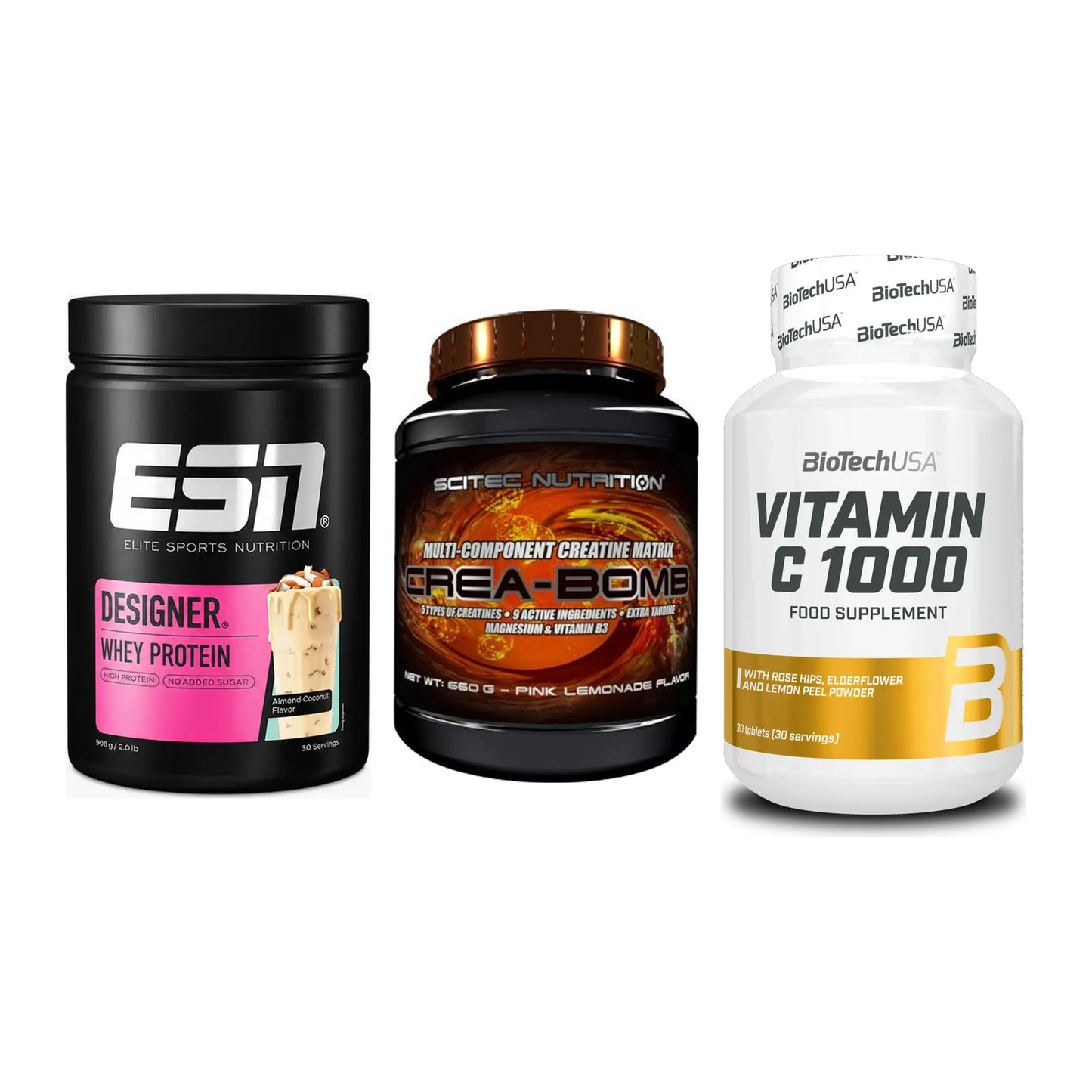 Einsteiger-Set: ESN Designer + Scitec Crea-Bomb + BioTech Vitamin – alle enthaltenen Artikel