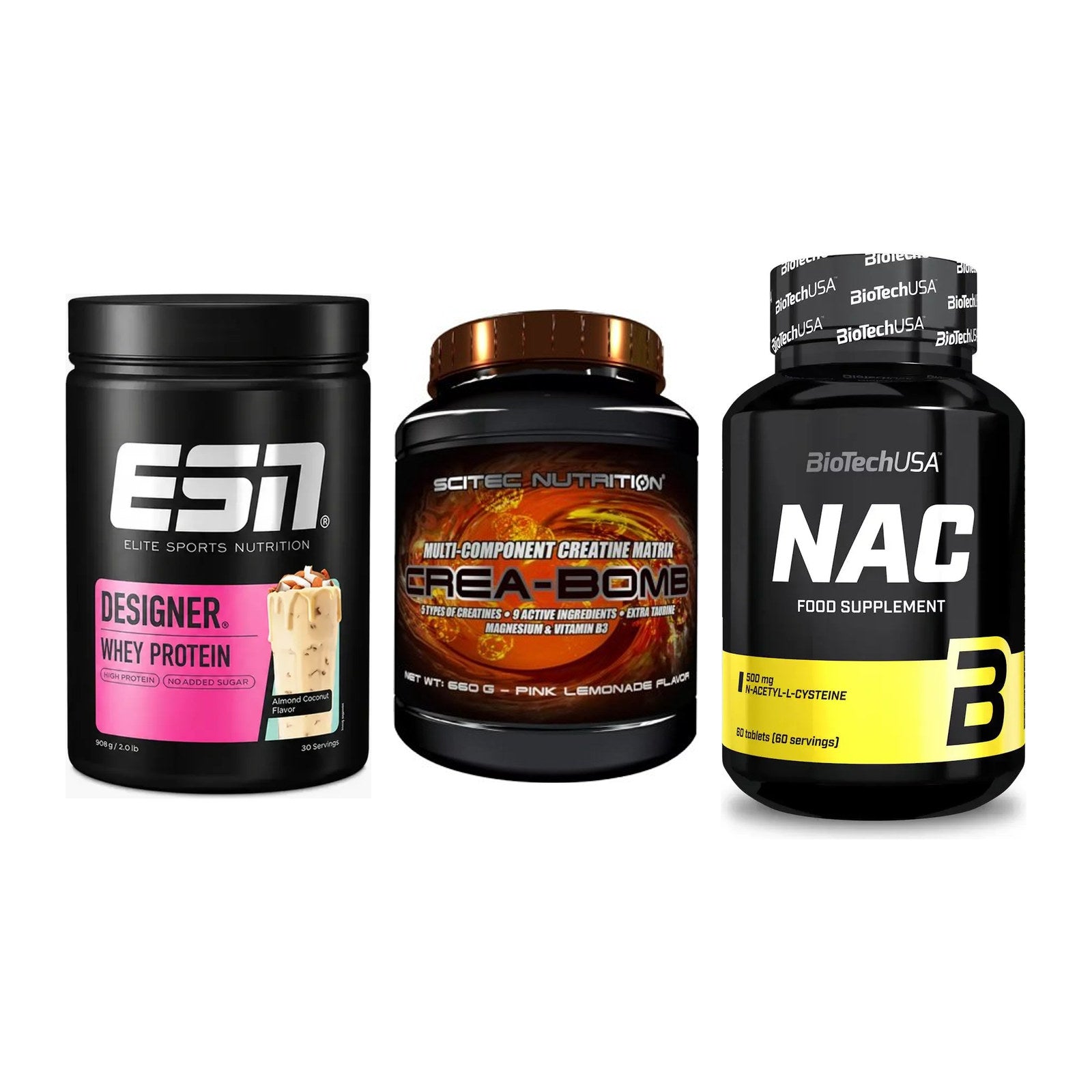 Einsteiger-Set: ESN Designer Whey + Scitec Crea-Bomb + BioTech NAC – alle enthaltenen Artikel