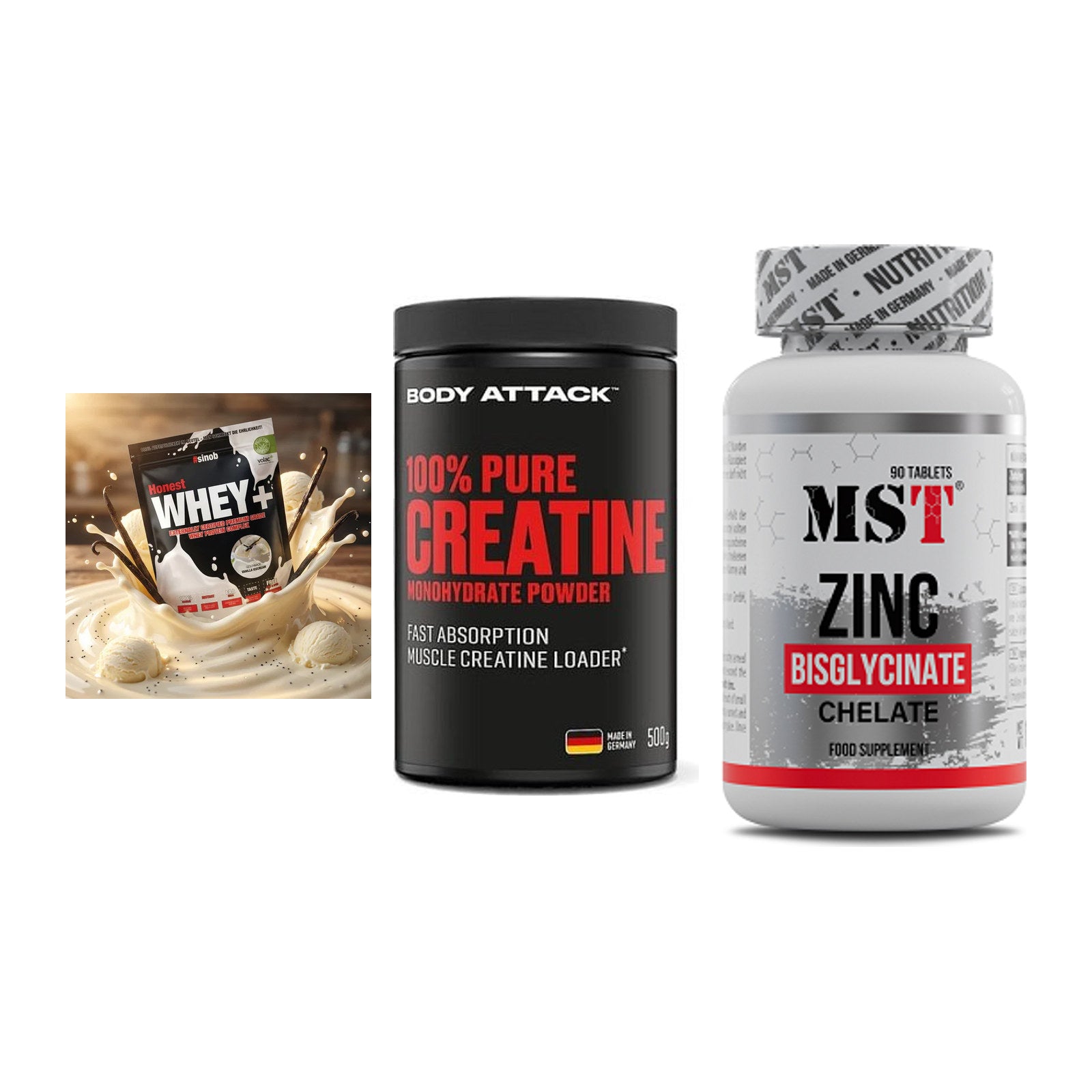 Einsteiger-Set: Sinob Honest + Body Attack 100% + MST Zinc Chelate – alle enthaltenen Artikel
