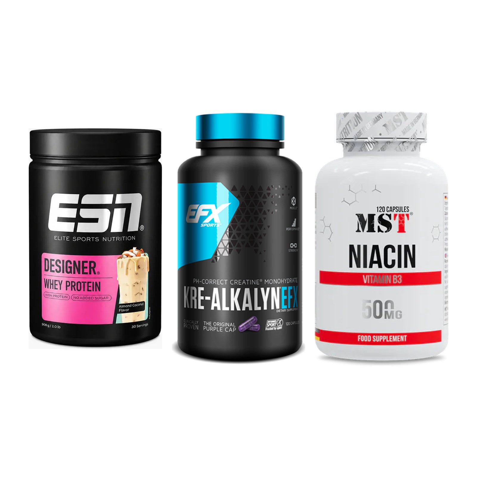 Einsteiger-Set: ESN Designer Whey + EFX Kre-Alkalyn + MST Niacin – alle enthaltenen Artikel