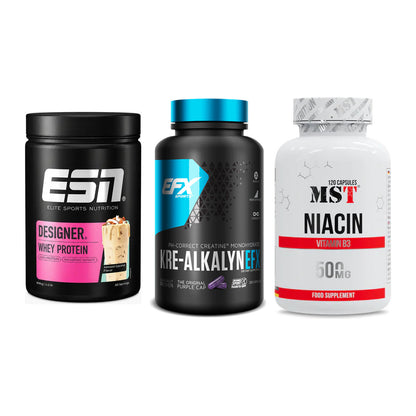 Einsteiger-Set: ESN Designer Whey + EFX Kre-Alkalyn + MST Niacin – alle enthaltenen Artikel
