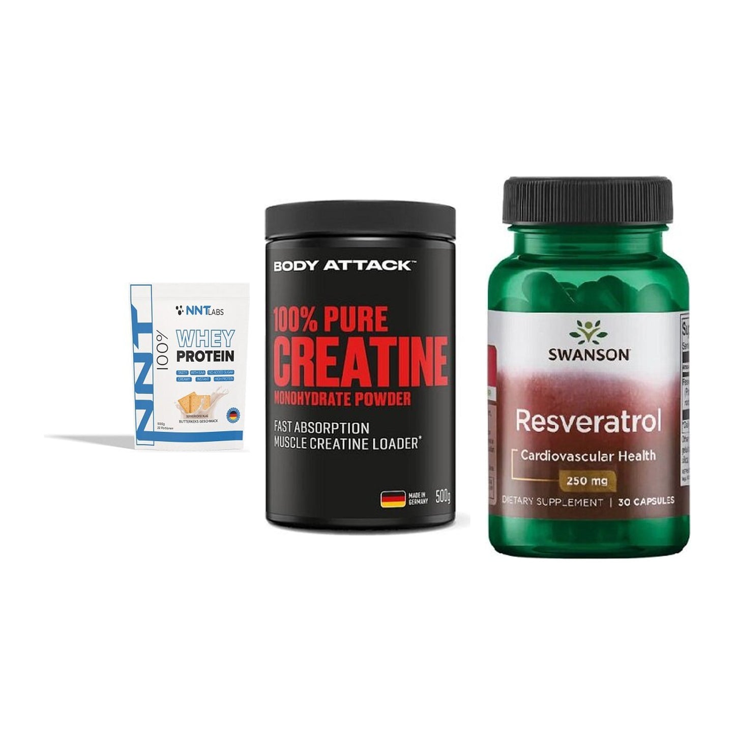 Einsteiger-Set: NNT Whey + Body Attack 100% + Swanson Resverat – alle enthaltenen Artikel